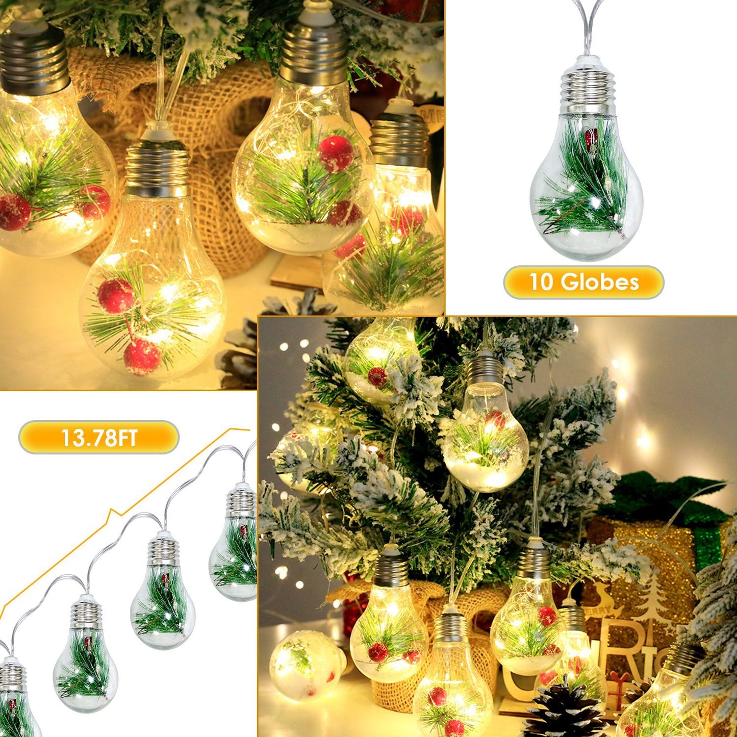 13.78FT Christmas Snow Globe String Lights — 10 LED Warm White Bulbs with Pine Needles, Snowflakes & Berries (Indoor Battery Powered)