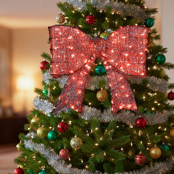 Pre-lit Outdoor Giant Bowknot Christmas Decoration, Lighted Metal Frame With 124 Warm White LED Lights, For Front Door Gate Wall Indoor Outdoor Holiday Party, Red