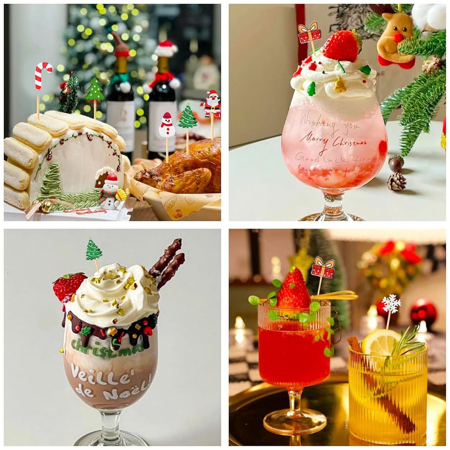 100-Piece Christmas Cocktail Pick Set — Bamboo Party Skewers with Santa, Reindeer, Snowflake & Tree Designs