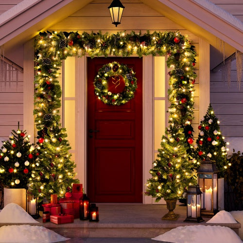 4-Piece Pre-Lit Christmas Collection – Entrance Trees, Wreath & Garland (340 LEDs)