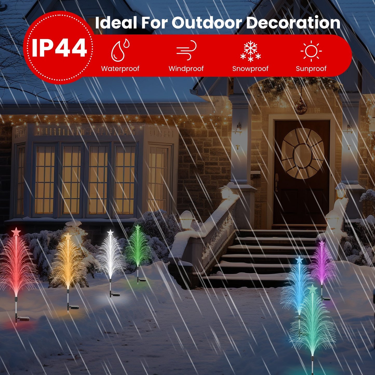 4-Pack Color-Changing Solar Christmas Cedar Tree Lights with Star Toppers — Outdoor Fiber-Optic Holiday Pathway Set