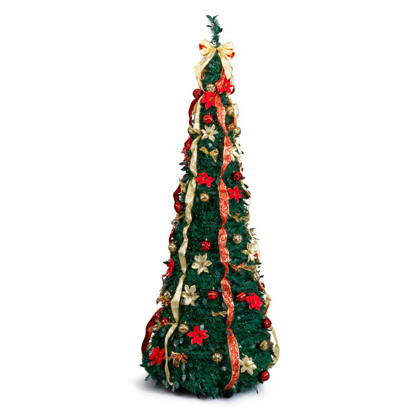 7FT Fully Decorated Pop-Up Pre-Lit Christmas Tree with 200 Warm Lights & Remote — Red & Gold Luxury Holiday Display