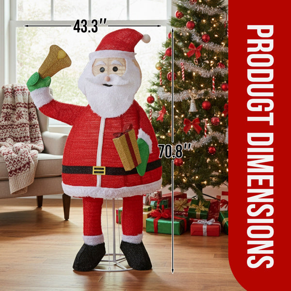 6FT Lighted Santa Claus Holding Bell – 200 LEDs, Pull-Up Holiday Display