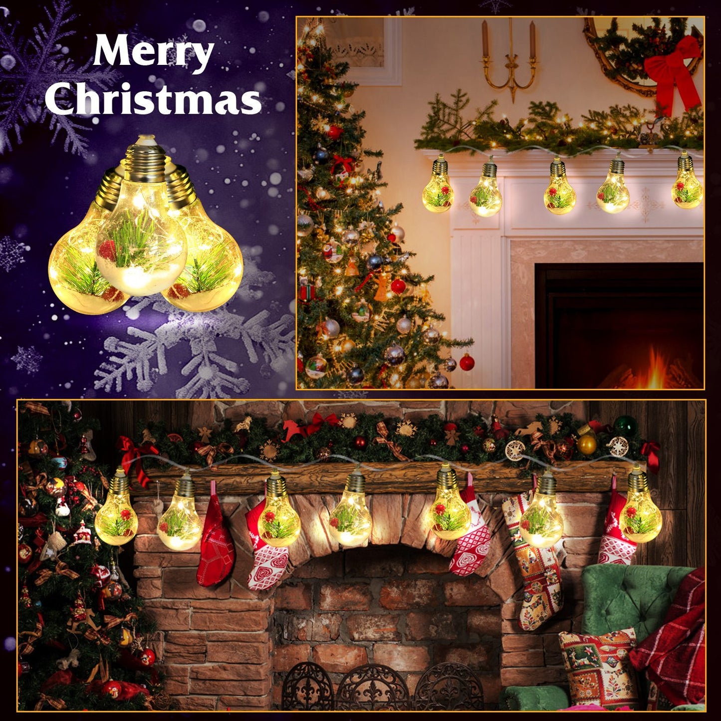 13.78FT Christmas Snow Globe String Lights — 10 LED Warm White Bulbs with Pine Needles, Snowflakes & Berries (Indoor Battery Powered)