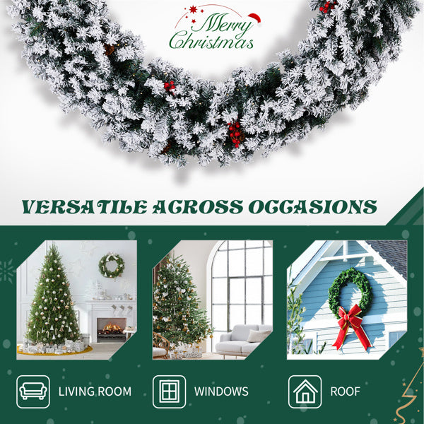 60" Snow-Flocked Pre-Lit Christmas Wreath – 220 LEDs, 600 Tips, Winter Luxe Edition