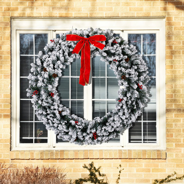 60" Snow-Flocked Pre-Lit Christmas Wreath – 220 LEDs, 600 Tips, Winter Luxe Edition