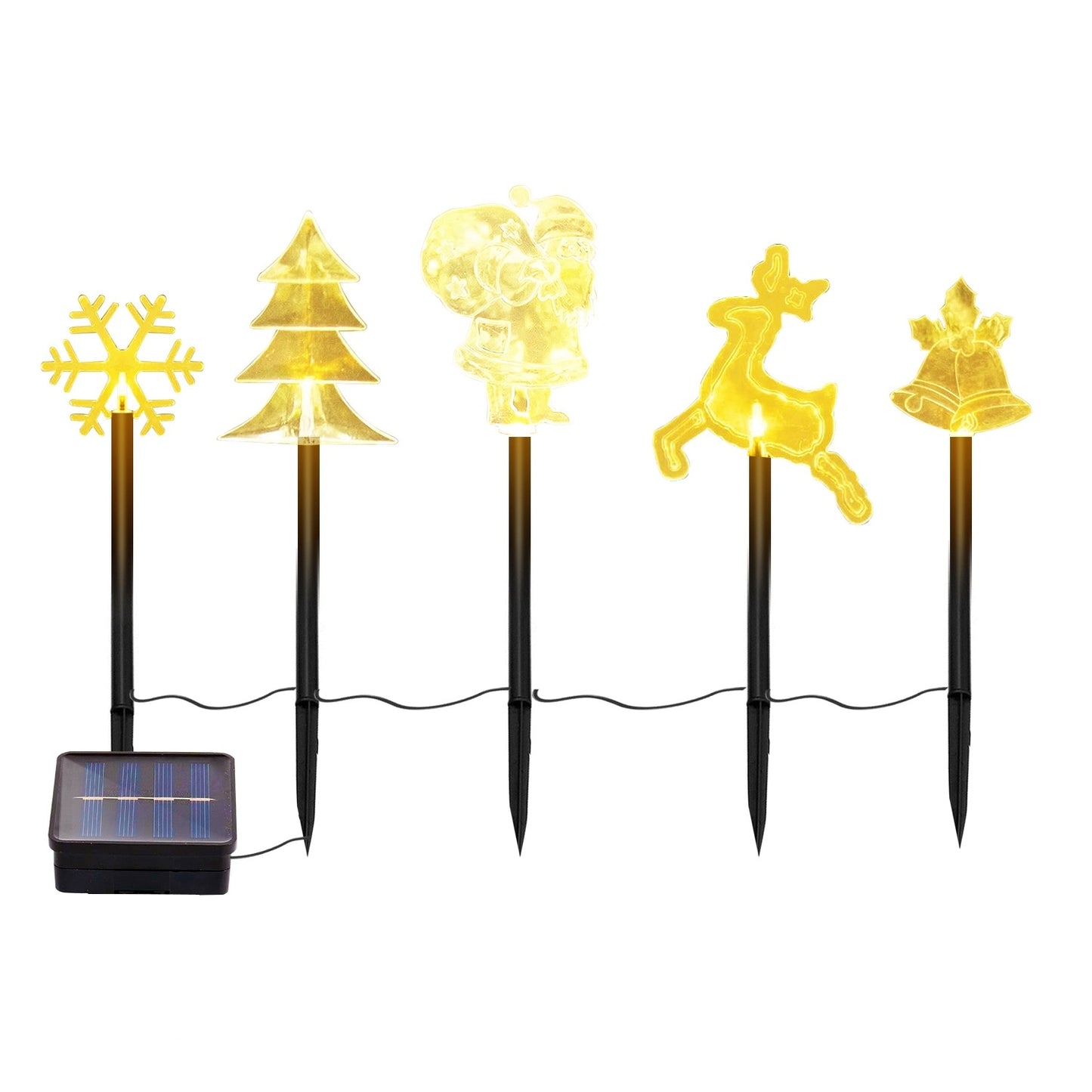 5-Piece Solar Christmas Stake Light Set — Reindeer, Snowflake, Bell, Tree & Santa (Warm Glow Waterproof Outdoor Display)