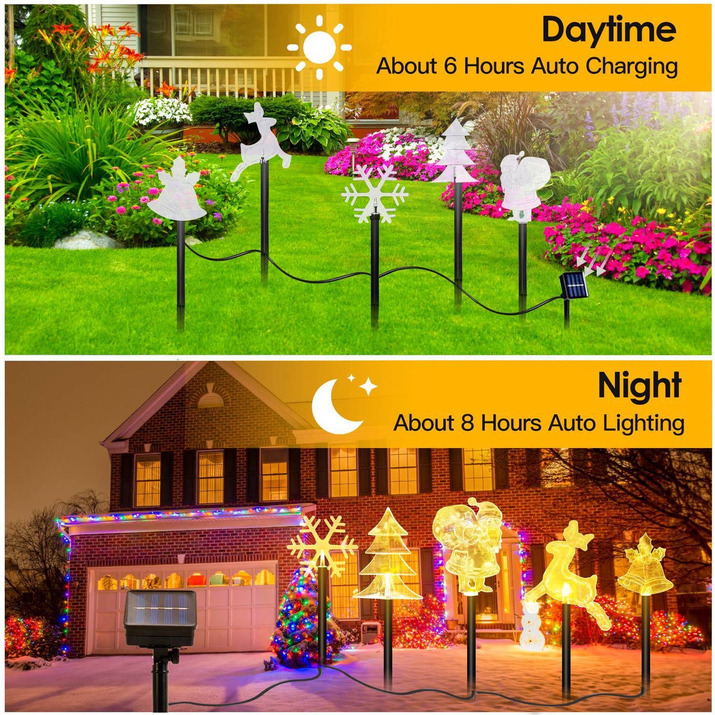 5-Piece Solar Christmas Stake Light Set — Reindeer, Snowflake, Bell, Tree & Santa (Warm Glow Waterproof Outdoor Display)