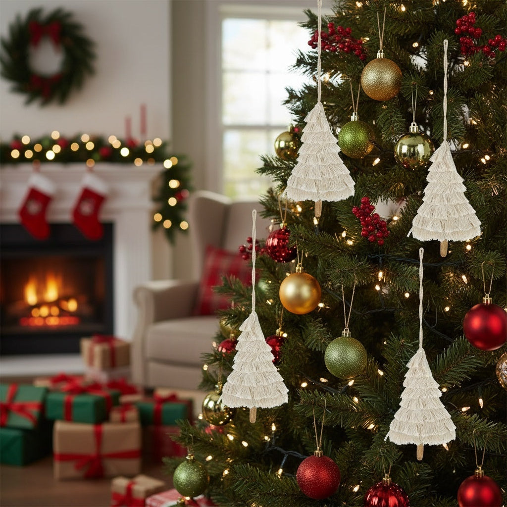 6-Piece Boho Fringe Tassel Christmas Ornaments — Artisanal Textured Décor for Elegant Holiday Styling