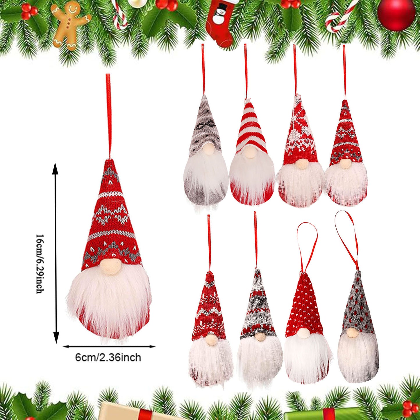 8-Piece Nordic Christmas Gnome Ornament Set — Handcrafted Scandinavian Plush Décor