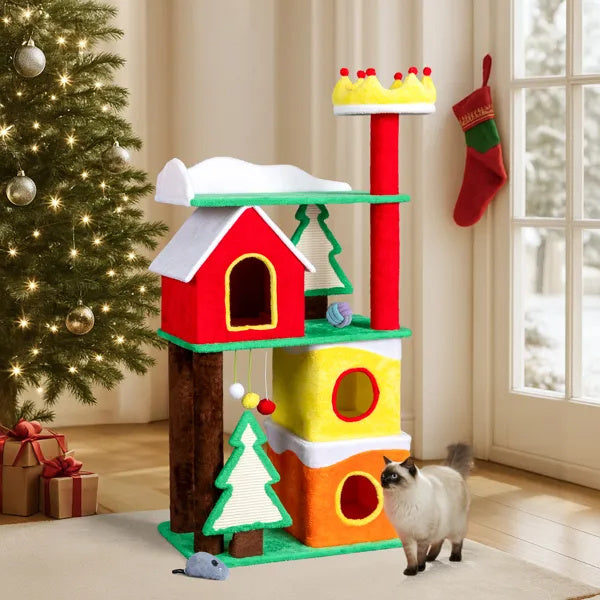56" Christmas-Themed Plush Cat Tree — Multi-Level Holiday Cat Tower with Crown Perch & Sisal Scratching Ramp