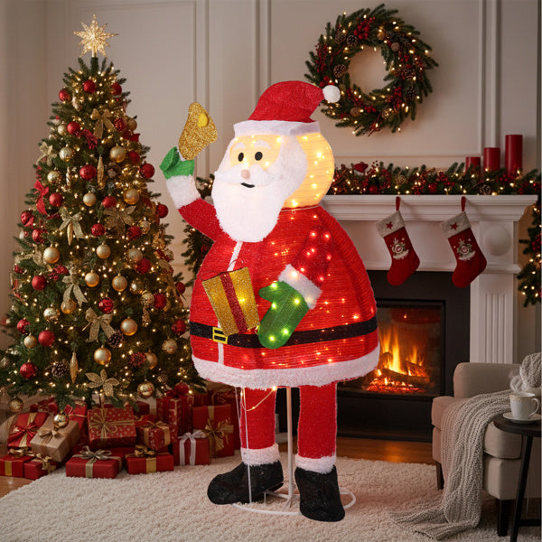 6FT Lighted Santa Claus Holding Bell – 200 LEDs, Pull-Up Holiday Display