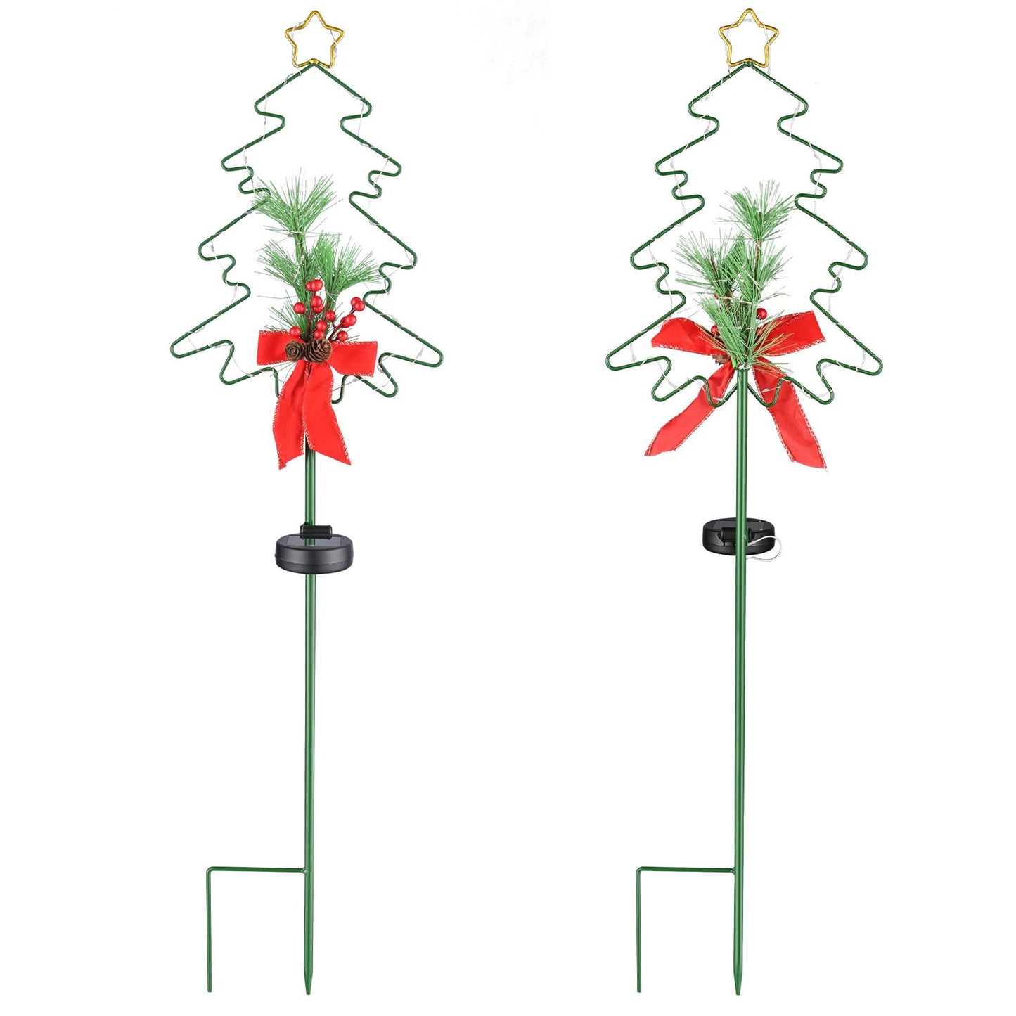 2-Pack Solar Christmas Tree Stake Lights – Metal Holiday Tree with Pinecones & Berries, Red LED Accent Lights for Outdoor Pathways & Gardens