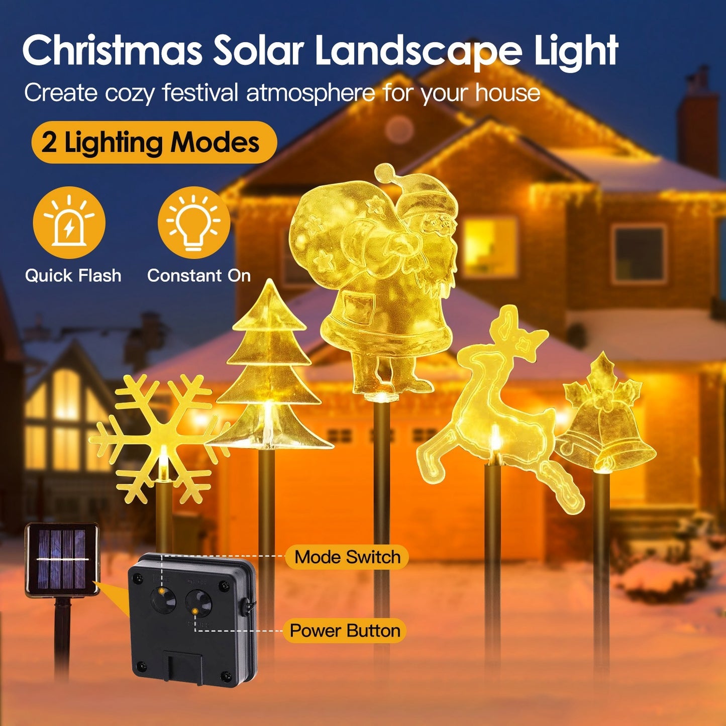 5-Piece Solar Christmas Stake Light Set — Reindeer, Snowflake, Bell, Tree & Santa (Warm Glow Waterproof Outdoor Display)