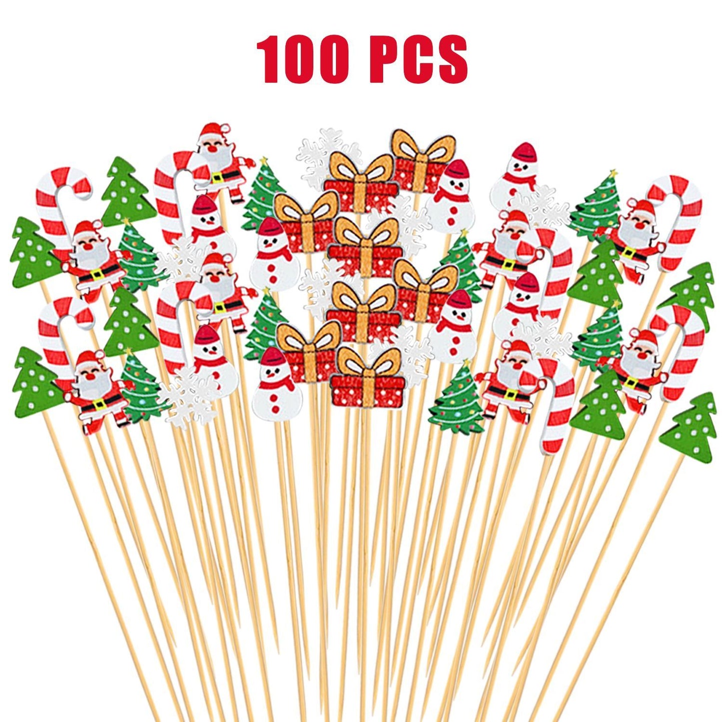 100-Piece Christmas Cocktail Pick Set — Bamboo Party Skewers with Santa, Reindeer, Snowflake & Tree Designs