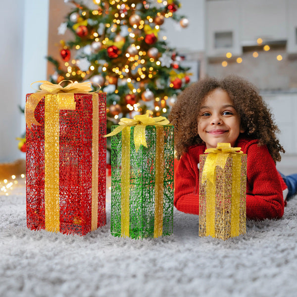3-Piece Green & Gold Lighted Christmas Gift Box Set — 18in / 15in / 11in Warm LED Holiday Display (Indoor/Outdoor Metal Frame)