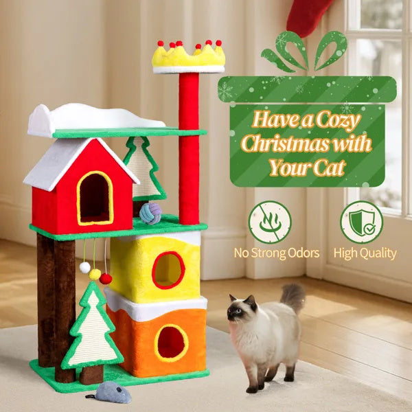 56" Christmas-Themed Plush Cat Tree — Multi-Level Holiday Cat Tower with Crown Perch & Sisal Scratching Ramp