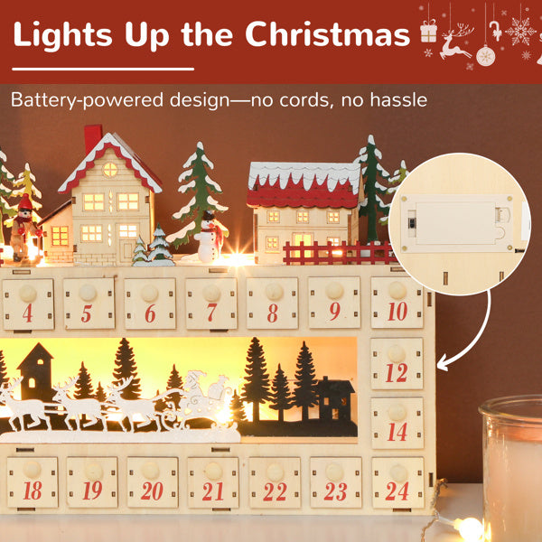 Luxury Wooden Christmas Advent Calendar House with LED Lights — 24-Day Countdown Village Scene (Natural Tone)