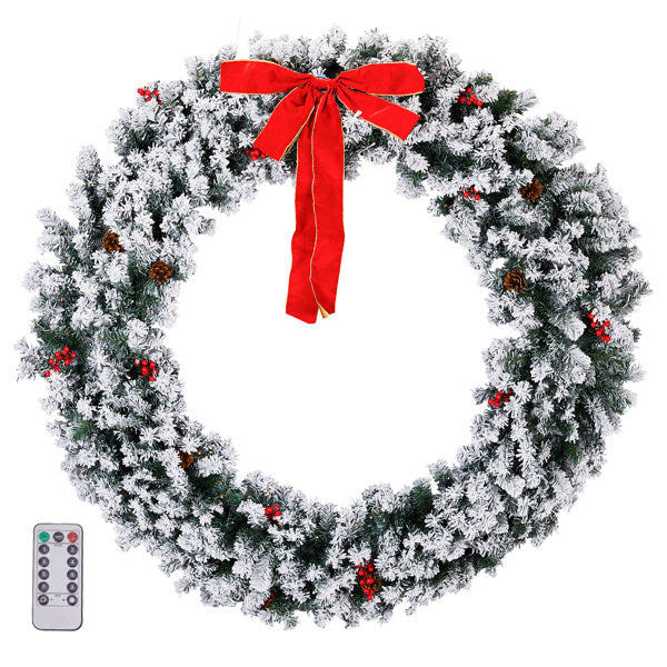 60" Snow-Flocked Pre-Lit Christmas Wreath – 220 LEDs, 600 Tips, Winter Luxe Edition