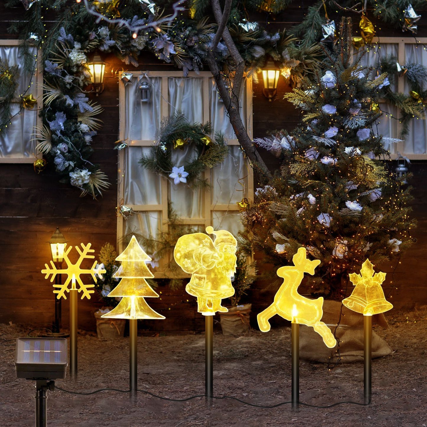 5-Piece Solar Christmas Stake Light Set — Reindeer, Snowflake, Bell, Tree & Santa (Warm Glow Waterproof Outdoor Display)