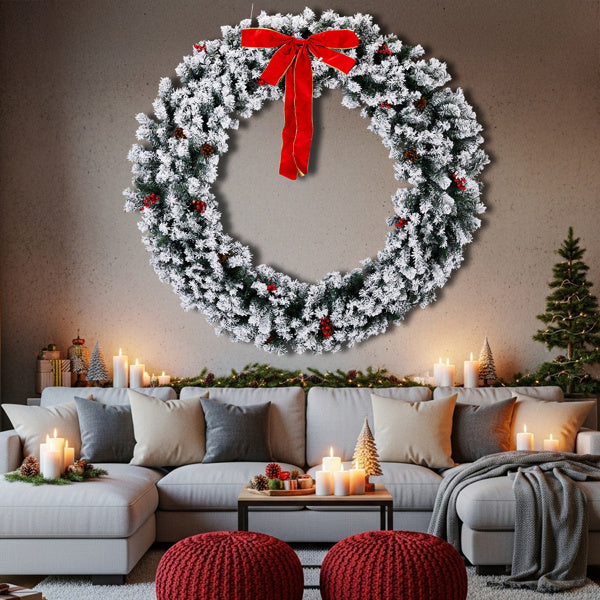 60" Snow-Flocked Pre-Lit Christmas Wreath – 220 LEDs, 600 Tips, Winter Luxe Edition