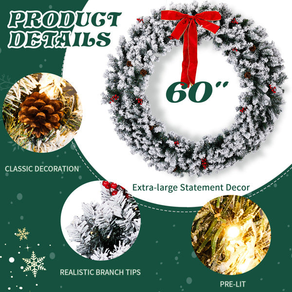 60" Snow-Flocked Pre-Lit Christmas Wreath – 220 LEDs, 600 Tips, Winter Luxe Edition