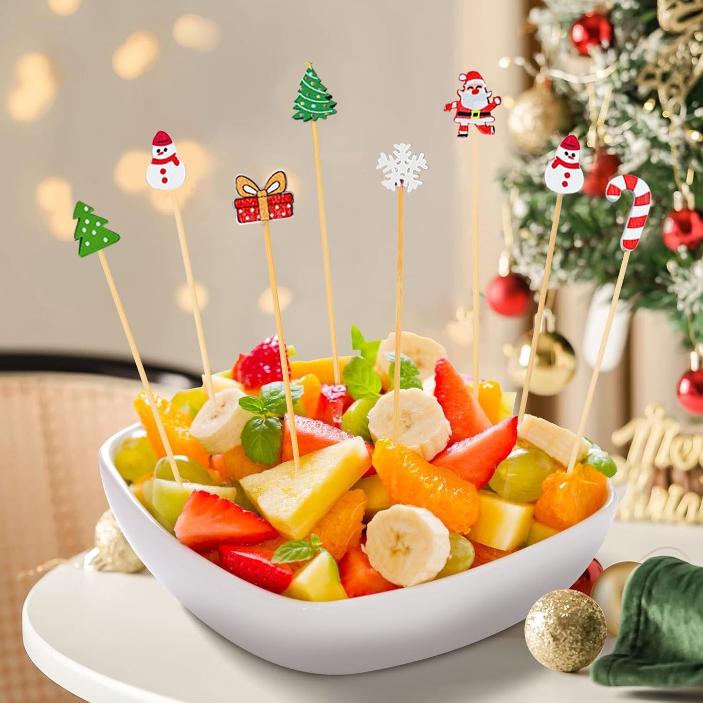 100-Piece Christmas Cocktail Pick Set — Bamboo Party Skewers with Santa, Reindeer, Snowflake & Tree Designs