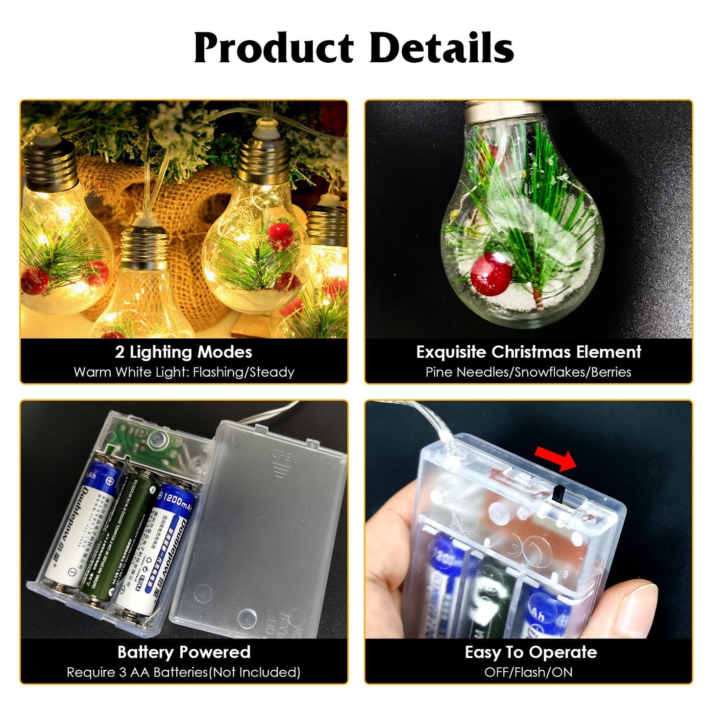 13.78FT Christmas Snow Globe String Lights — 10 LED Warm White Bulbs with Pine Needles, Snowflakes & Berries (Indoor Battery Powered)