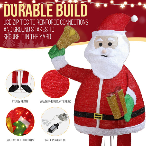 6FT Lighted Santa Claus Holding Bell – 200 LEDs, Pull-Up Holiday Display