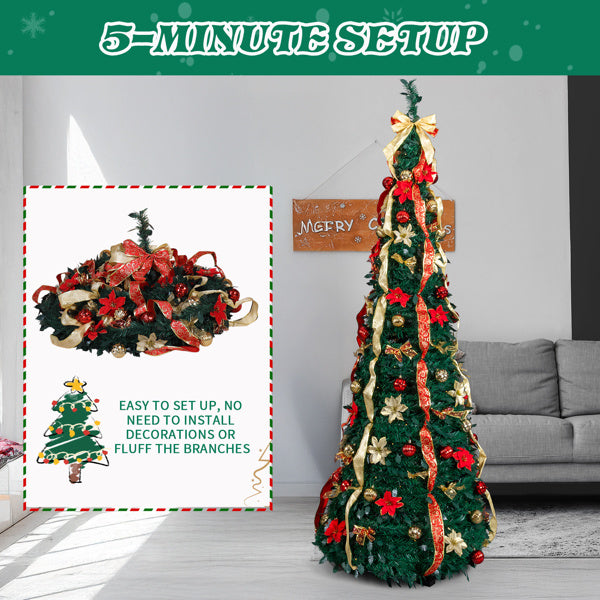 7FT Fully Decorated Pop-Up Pre-Lit Christmas Tree with 200 Warm Lights & Remote — Red & Gold Luxury Holiday Display