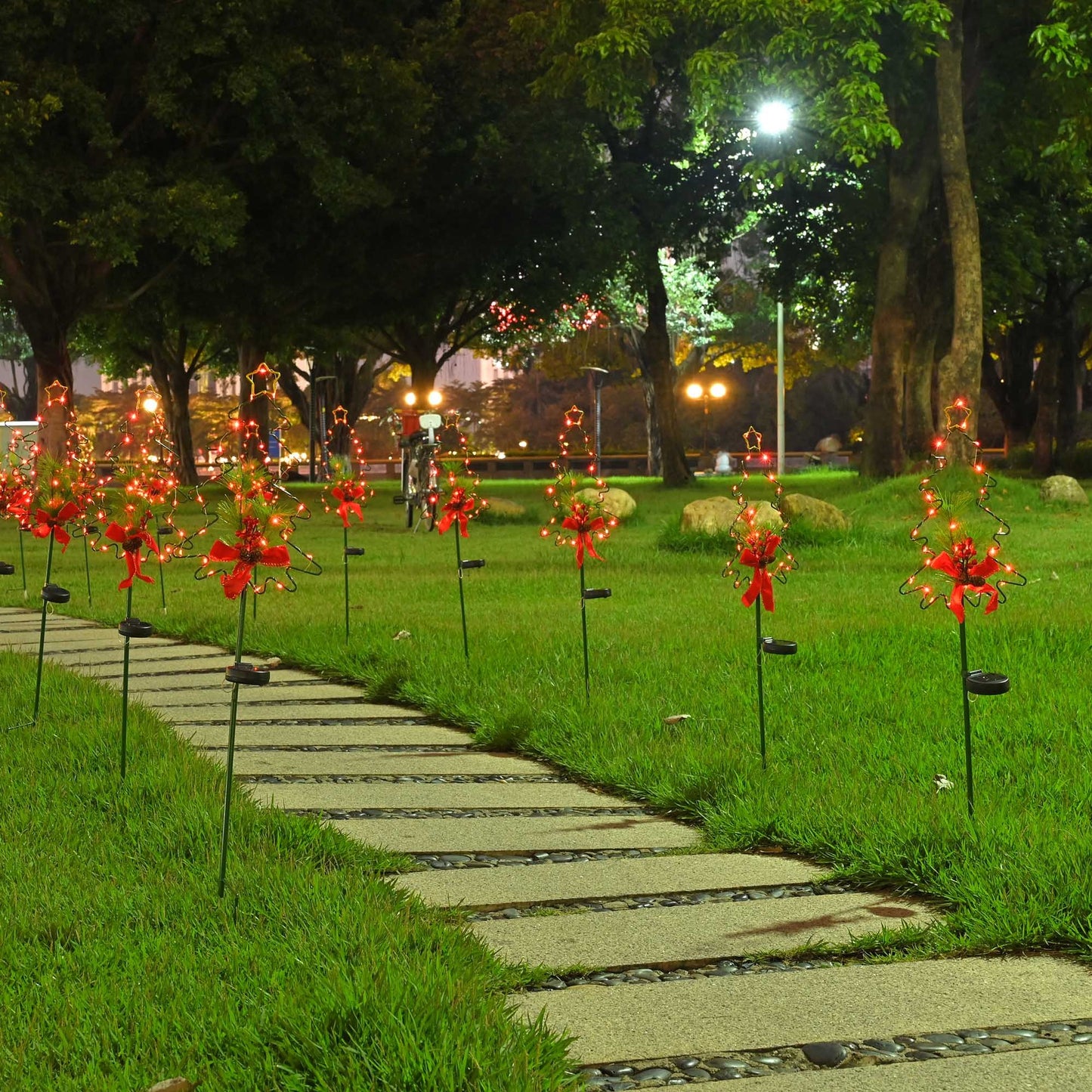 2-Pack Solar Christmas Tree Stake Lights – Metal Holiday Tree with Pinecones & Berries, Red LED Accent Lights for Outdoor Pathways & Gardens