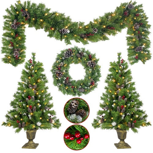 4-Piece Pre-Lit Christmas Collection – Entrance Trees, Wreath & Garland (340 LEDs)