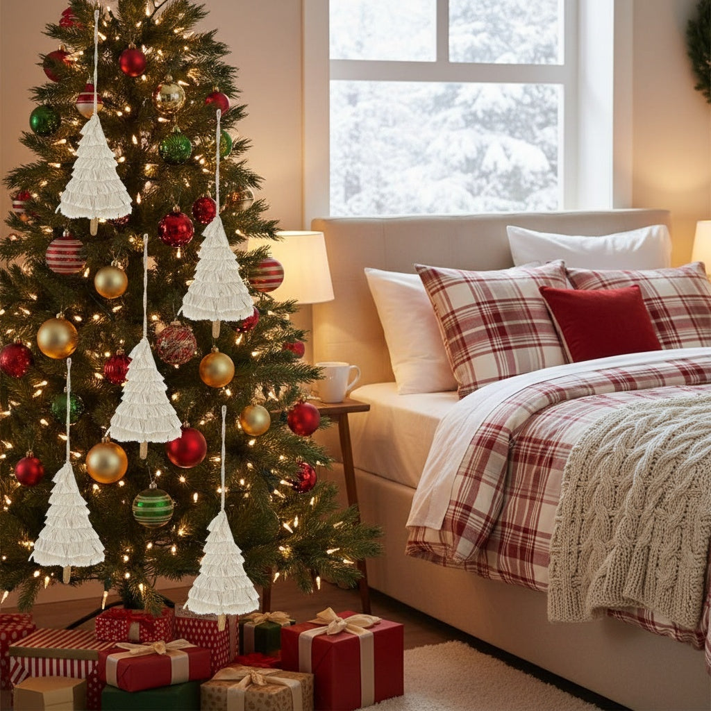 6-Piece Boho Fringe Tassel Christmas Ornaments — Artisanal Textured Décor for Elegant Holiday Styling