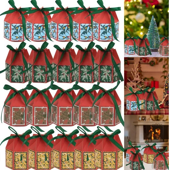 20-Piece Christmas Treat Boxes with Satin Ribbon — Snowflakes, Trees & Festive Patterns