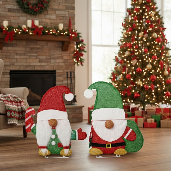 Lighted Gnome & Candy Cane Duo (80 LED Warm White Display, Set of 2)