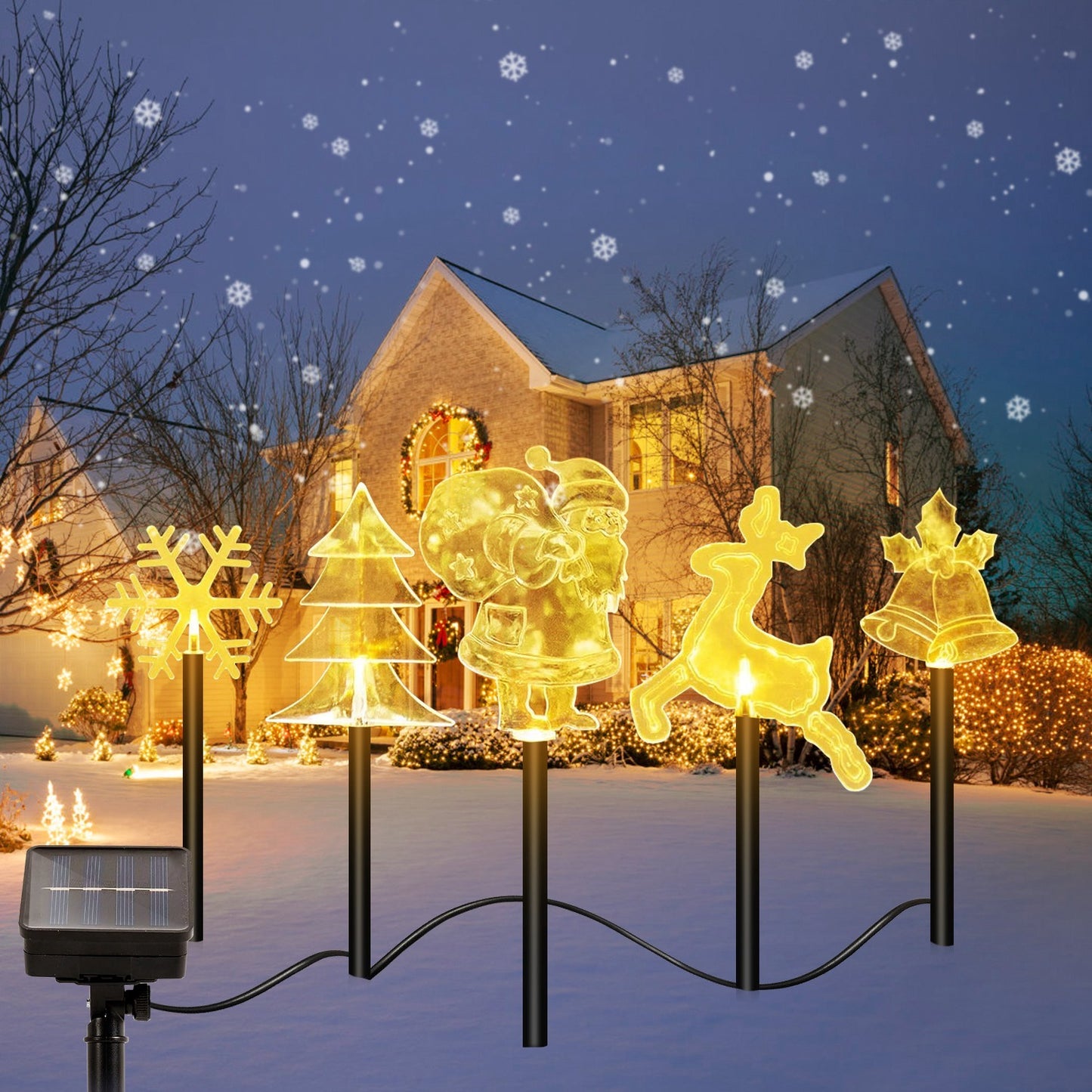 5-Piece Solar Christmas Stake Light Set — Reindeer, Snowflake, Bell, Tree & Santa (Warm Glow Waterproof Outdoor Display)