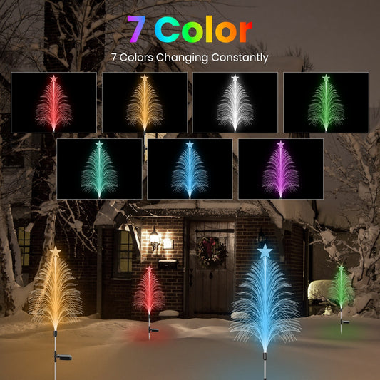 4-Pack Color-Changing Solar Christmas Cedar Tree Lights with Star Toppers — Outdoor Fiber-Optic Holiday Pathway Set