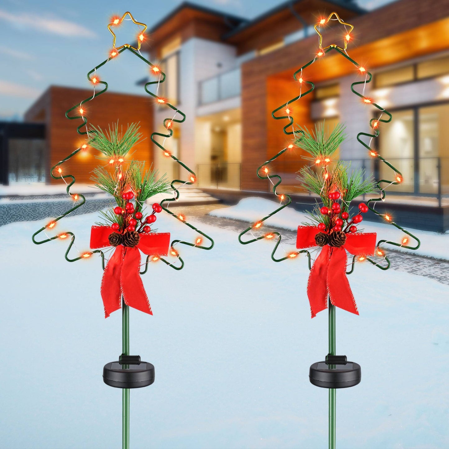 2-Pack Solar Christmas Tree Stake Lights – Metal Holiday Tree with Pinecones & Berries, Red LED Accent Lights for Outdoor Pathways & Gardens