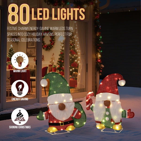 Lighted Gnome & Candy Cane Duo (80 LED Warm White Display, Set of 2)