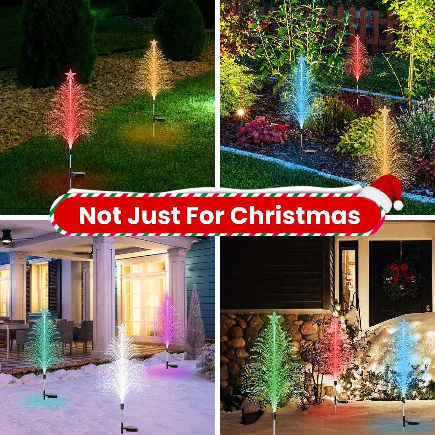 4-Pack Color-Changing Solar Christmas Cedar Tree Lights with Star Toppers — Outdoor Fiber-Optic Holiday Pathway Set