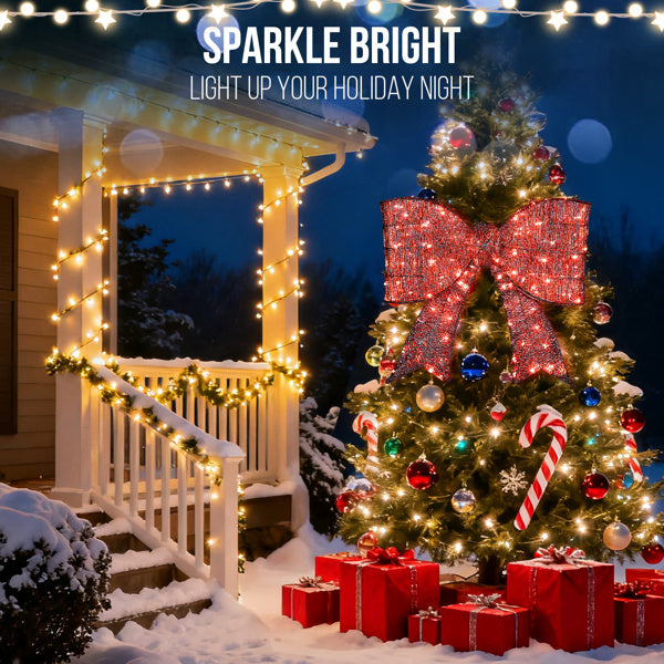 Pre-lit Outdoor Giant Bowknot Christmas Decoration, Lighted Metal Frame With 124 Warm White LED Lights, For Front Door Gate Wall Indoor Outdoor Holiday Party, Red