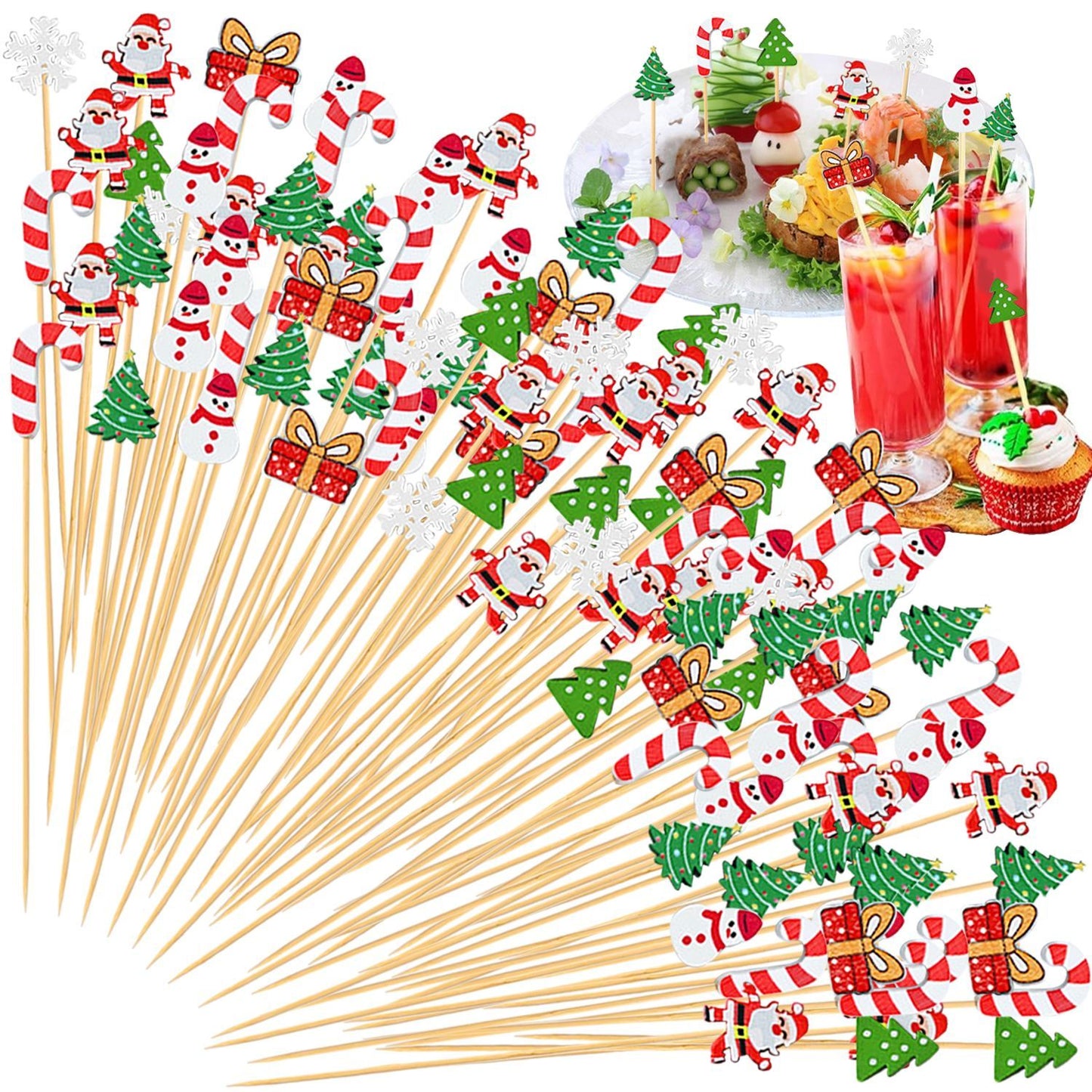 100-Piece Christmas Cocktail Pick Set — Bamboo Party Skewers with Santa, Reindeer, Snowflake & Tree Designs