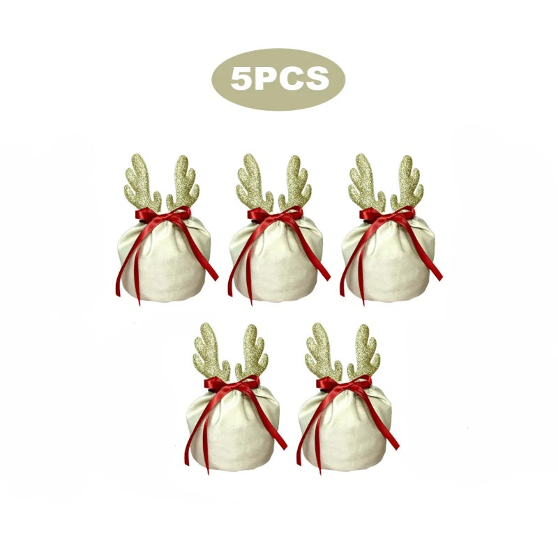 5-Piece Khaki Luxury Antler Flannel Gift Bag Set (Drawstring Holiday Pouches — Khaki)