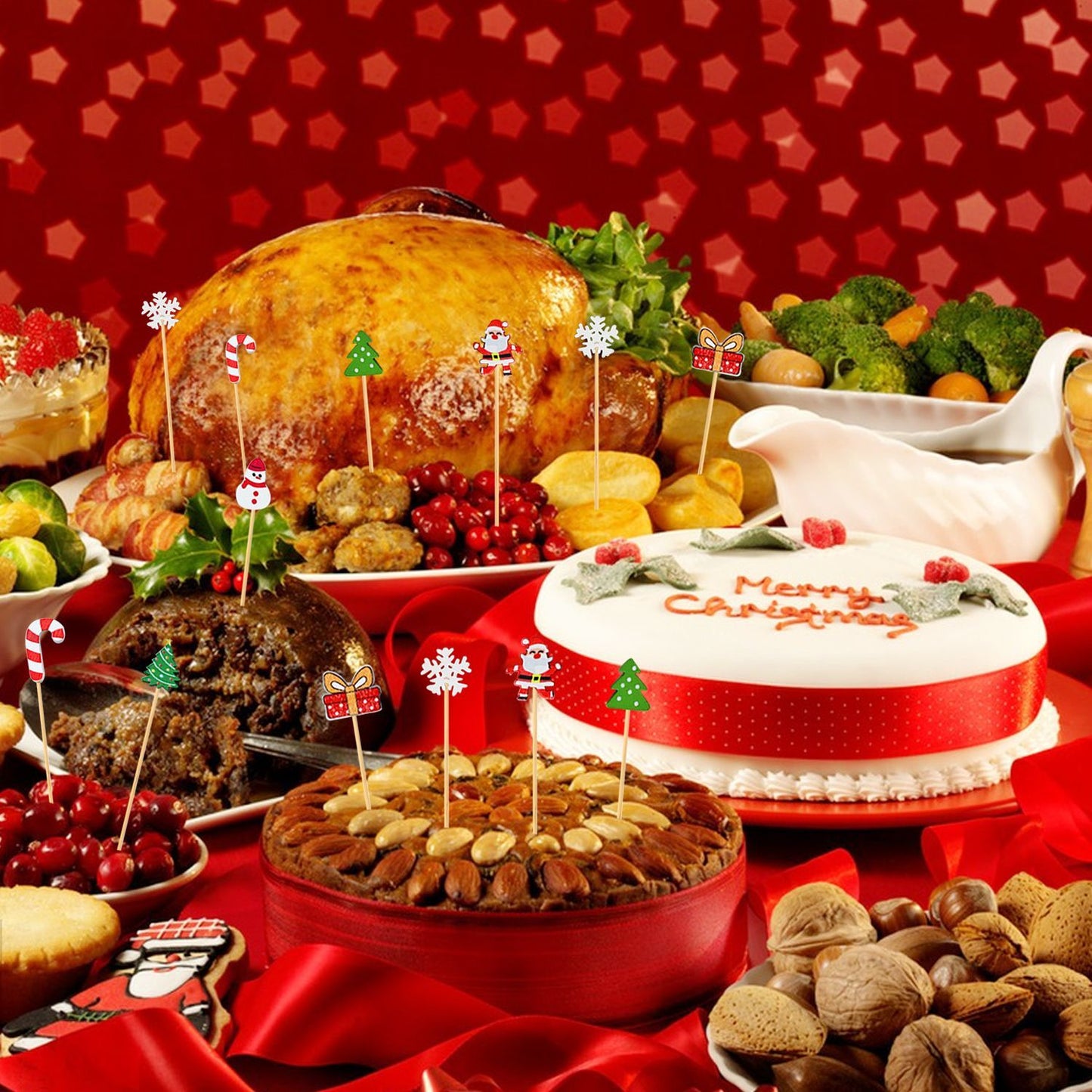 100-Piece Christmas Cocktail Pick Set — Bamboo Party Skewers with Santa, Reindeer, Snowflake & Tree Designs