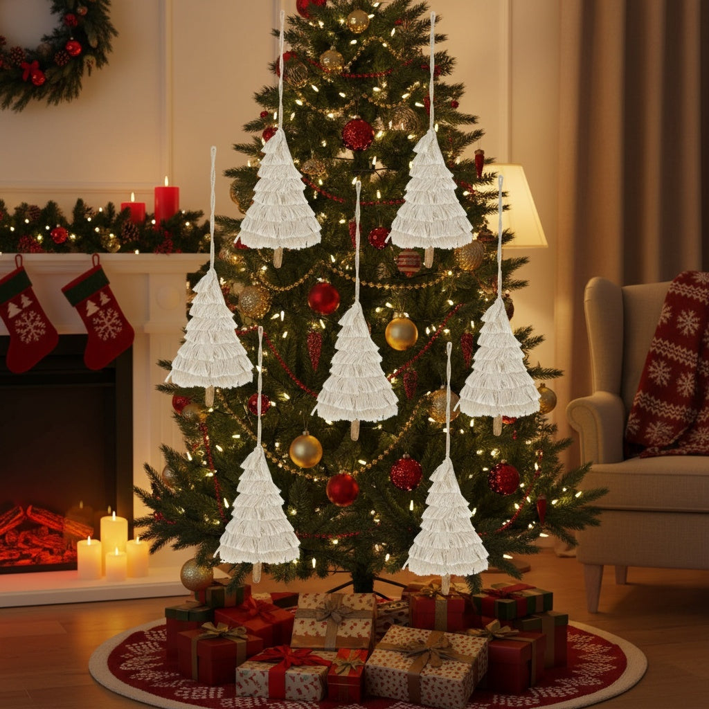6-Piece Boho Fringe Tassel Christmas Ornaments — Artisanal Textured Décor for Elegant Holiday Styling