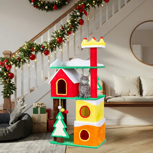 56" Christmas-Themed Plush Cat Tree — Multi-Level Holiday Cat Tower with Crown Perch & Sisal Scratching Ramp
