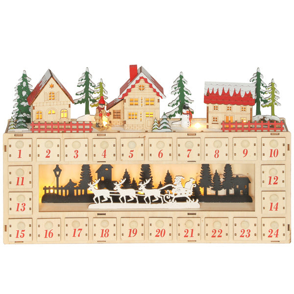 Luxury Wooden Christmas Advent Calendar House with LED Lights — 24-Day Countdown Village Scene (Natural Tone)