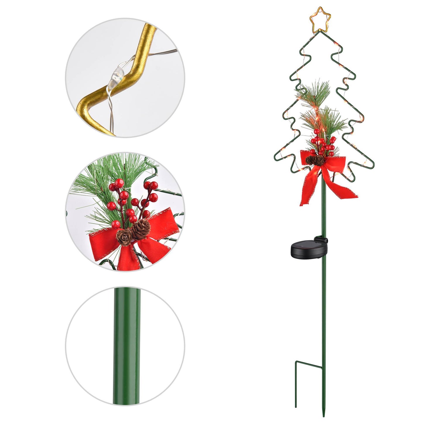 2-Pack Solar Christmas Tree Stake Lights – Metal Holiday Tree with Pinecones & Berries, Red LED Accent Lights for Outdoor Pathways & Gardens