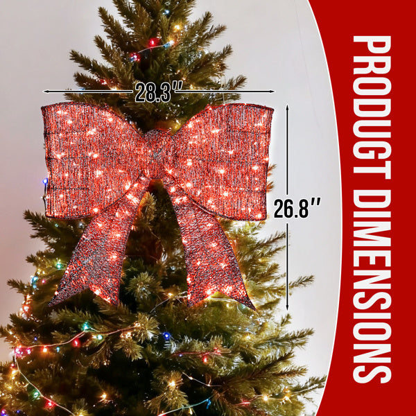 Pre-lit Outdoor Giant Bowknot Christmas Decoration, Lighted Metal Frame With 124 Warm White LED Lights, For Front Door Gate Wall Indoor Outdoor Holiday Party, Red