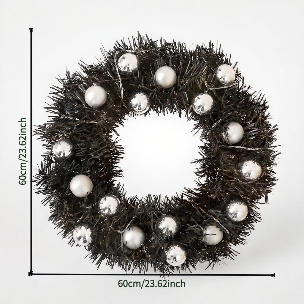 24-Inch Black Luxury Christmas Garland with Silver Ornaments & Holiday Letter Accents